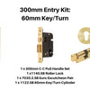 Product picture of the Duke Satin Brass Pull Handle 300mm Entry Kit 2 on a white background.