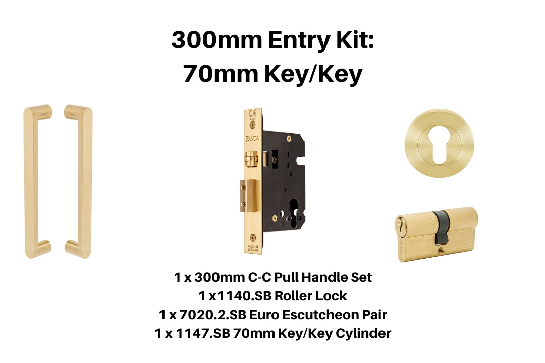 Product picture of the Duke Satin Brass Pull Handle 300mm Entry Kit 3 on a white background.