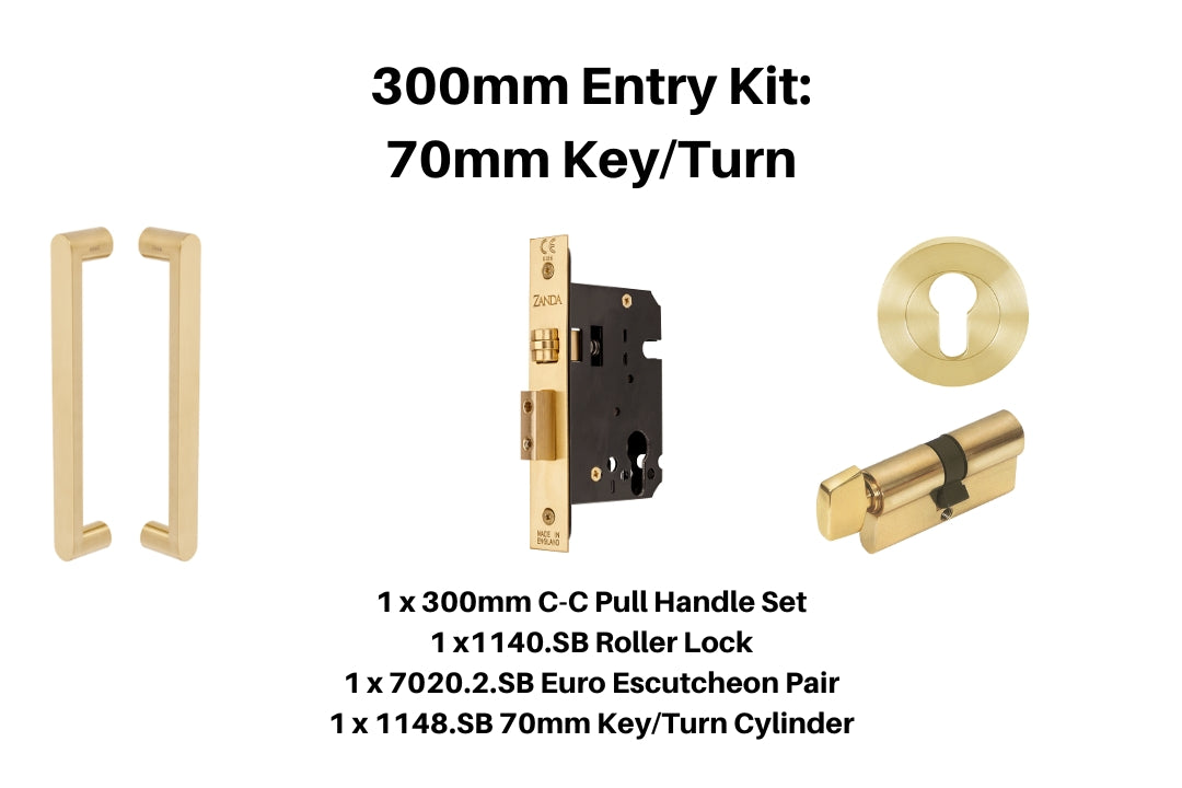 Product picture of the Duke Satin Brass Pull Handle 300mm Entry Kit 4 on a white background.