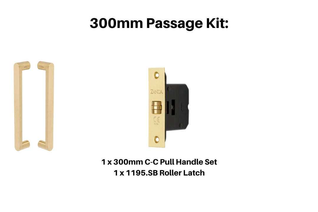 Product picture of the Duke Satin Brass Pull Handle 300mm Passage Kit on a white background.