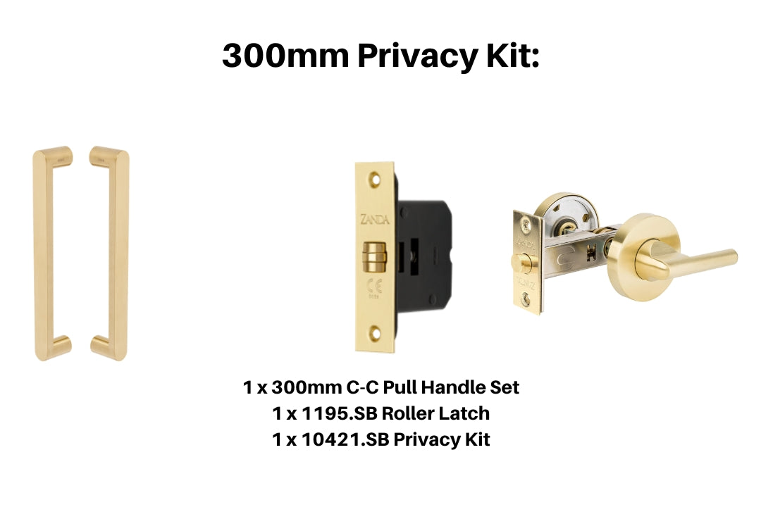 Product picture of the Duke Satin Brass Pull Handle 300mm Privacy Kit on a white background.