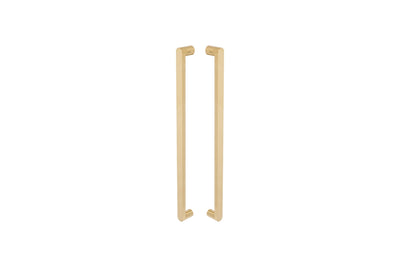 Product picture of the Duke Satin Brass Pull Handle 600mm on a white background.