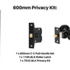 Product picture of the Duke Matt Black Pull Handle 600mm Privacy Kit on a white background.