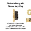 Product picture of the Duke Satin Brass Pull Handle 600mm Entry Kit 1 on a white background.