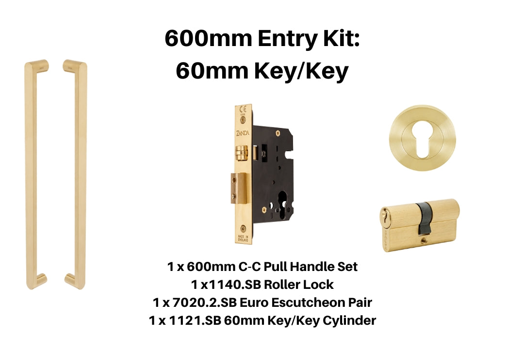 Product picture of the Duke Satin Brass Pull Handle 600mm Entry Kit 1 on a white background.