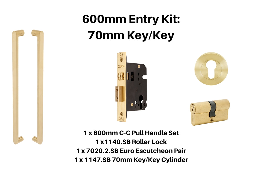 Product picture of the Duke Satin Brass Pull Handle 600mm Entry Kit 3 on a white background.