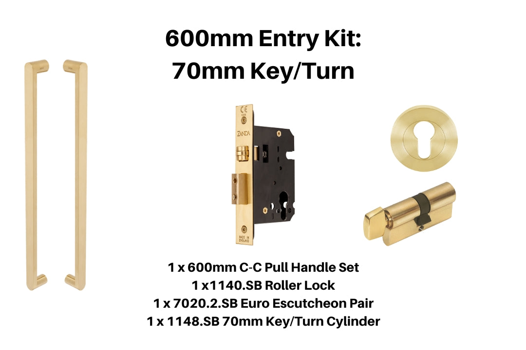 Product picture of the Duke Satin Brass Pull Handle 600mm Entry Kit 4 on a white background.