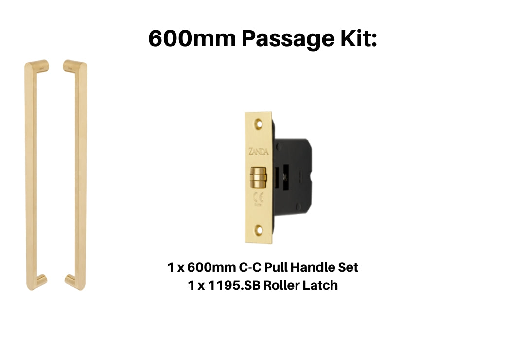Product picture of the Duke Satin Brass Pull Handle 600mm Passage Kit on a white background.