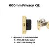 Product picture of the Duke Satin Brass Pull Handle 600mm Privacy Kit on a white background.