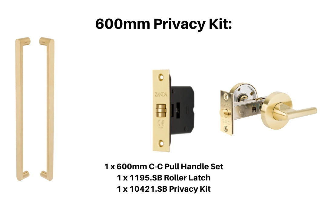 Product picture of the Duke Satin Brass Pull Handle 600mm Privacy Kit on a white background.