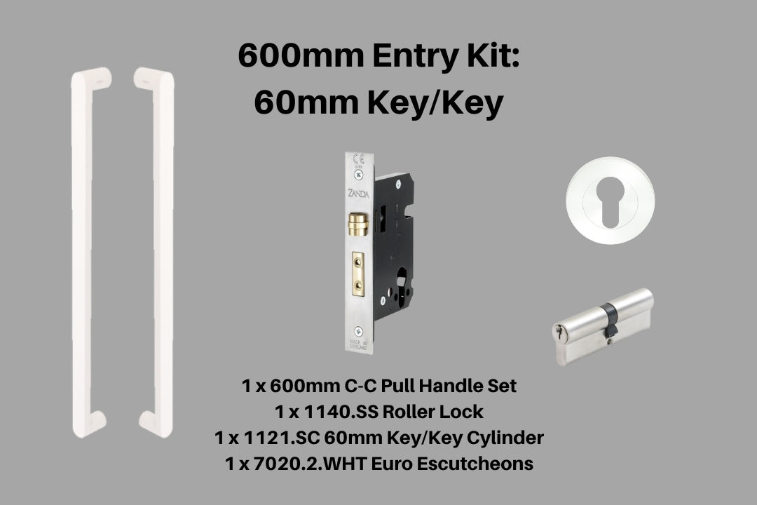 Product picture of the Duke White Pull Handle 600mm Entry Kit 1 on a white background.