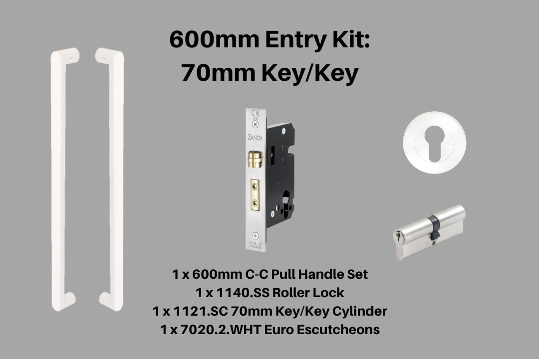 Product picture of the Duke White Pull Handle 600mm Entry Kit 3 on a white background.