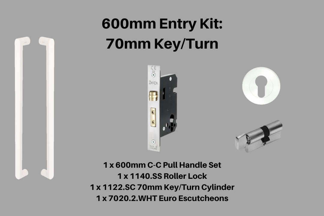Product picture of the Duke White Pull Handle 600mm Entry Kit 4 on a white background.