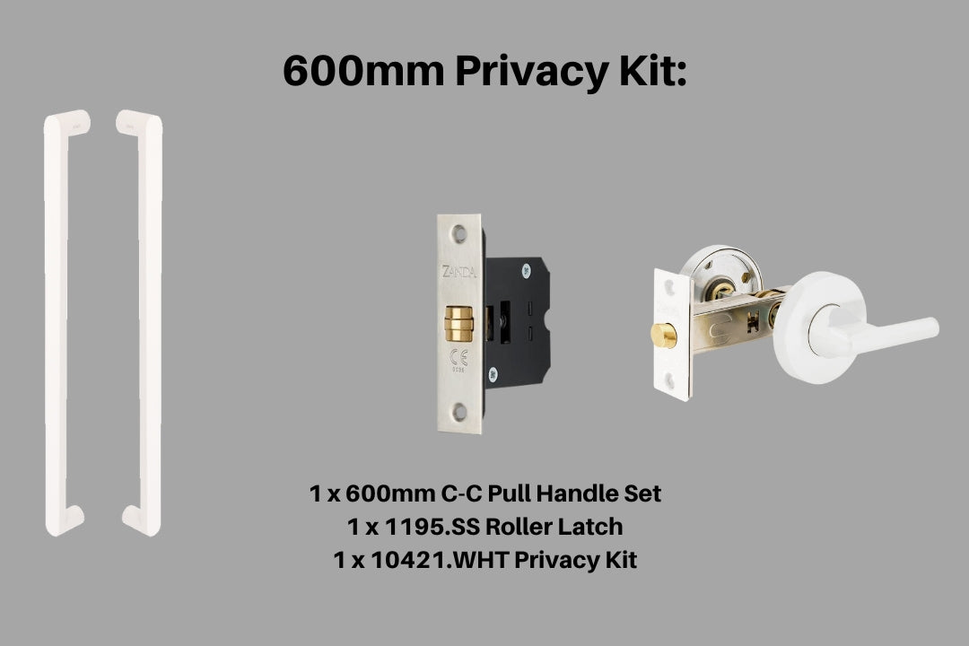 Product picture of the Duke White Pull Handle 600mm Privacy Kit on a white background.