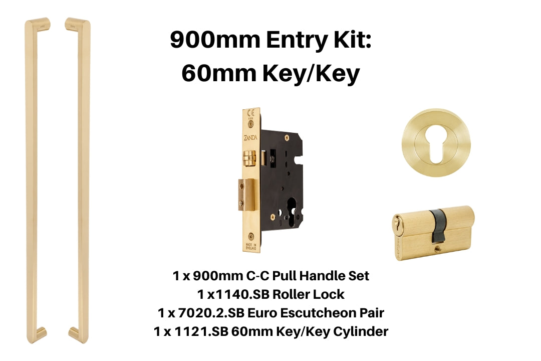 Product picture of the Duke Satin Brass Pull Handle 900mm Entry Kit 1 on a white background.