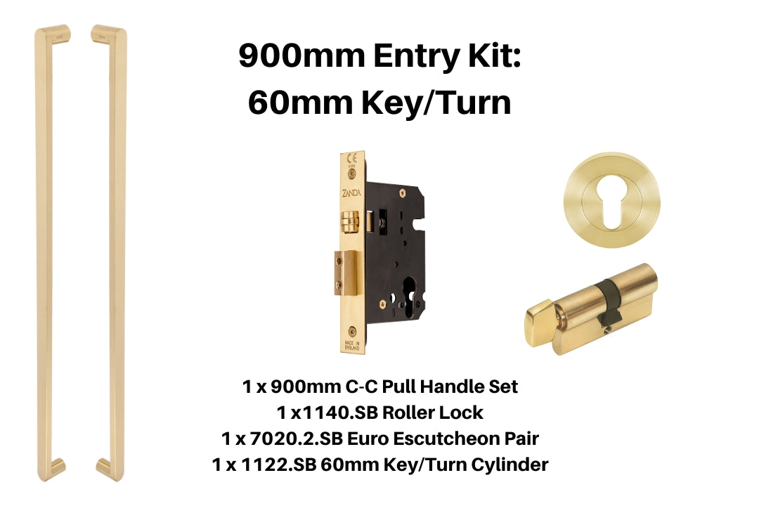 Product picture of the Duke Satin Brass Pull Handle 900mm Entry Kit 2 on a white background.
