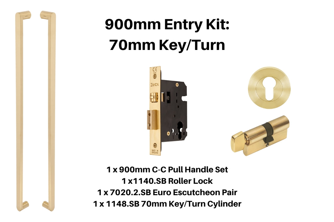 Product picture of the Duke Satin Brass Pull Handle 900mm Entry Kit 4 on a white background.
