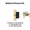 Product picture of the Duke Satin Brass Pull Handle 900mm Privacy Kit on a white background.