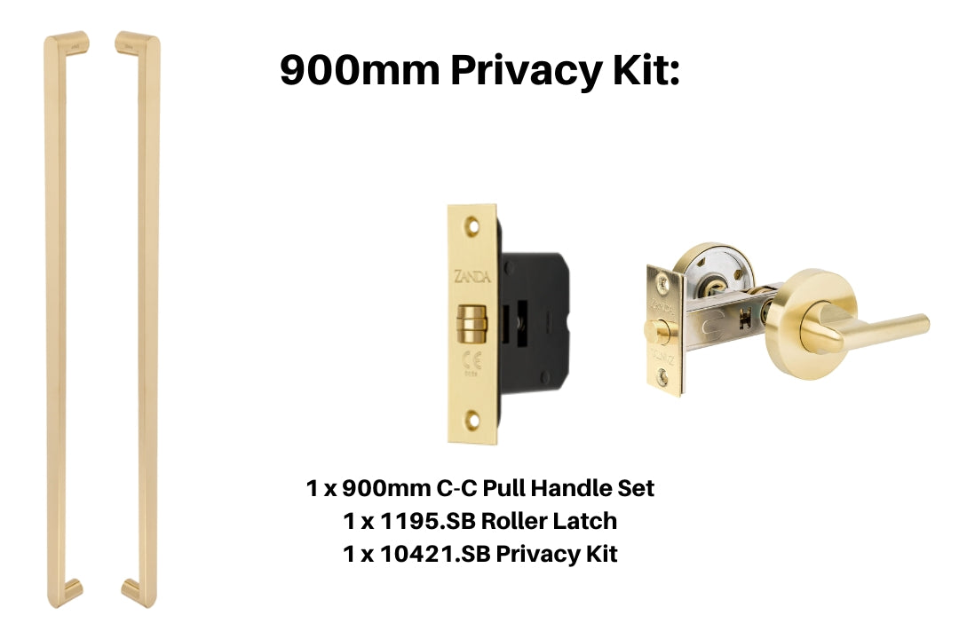 Product picture of the Duke Satin Brass Pull Handle 900mm Privacy Kit on a white background.