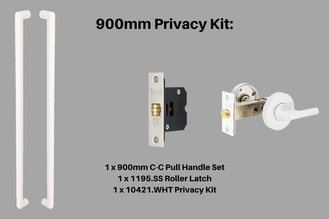 Product picture of the Duke White Pull Handle 900mm Privacy Kit on a white background.