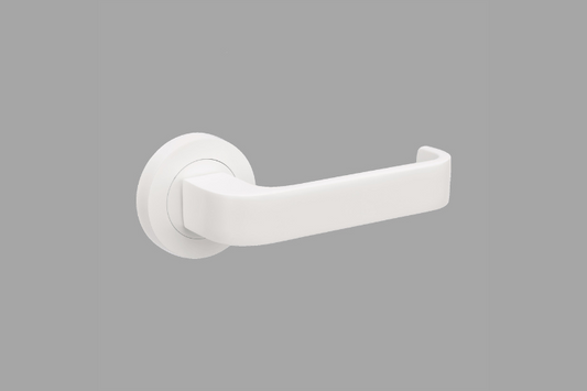 Product picture of the Streamline White Door Handle on a grey background.
