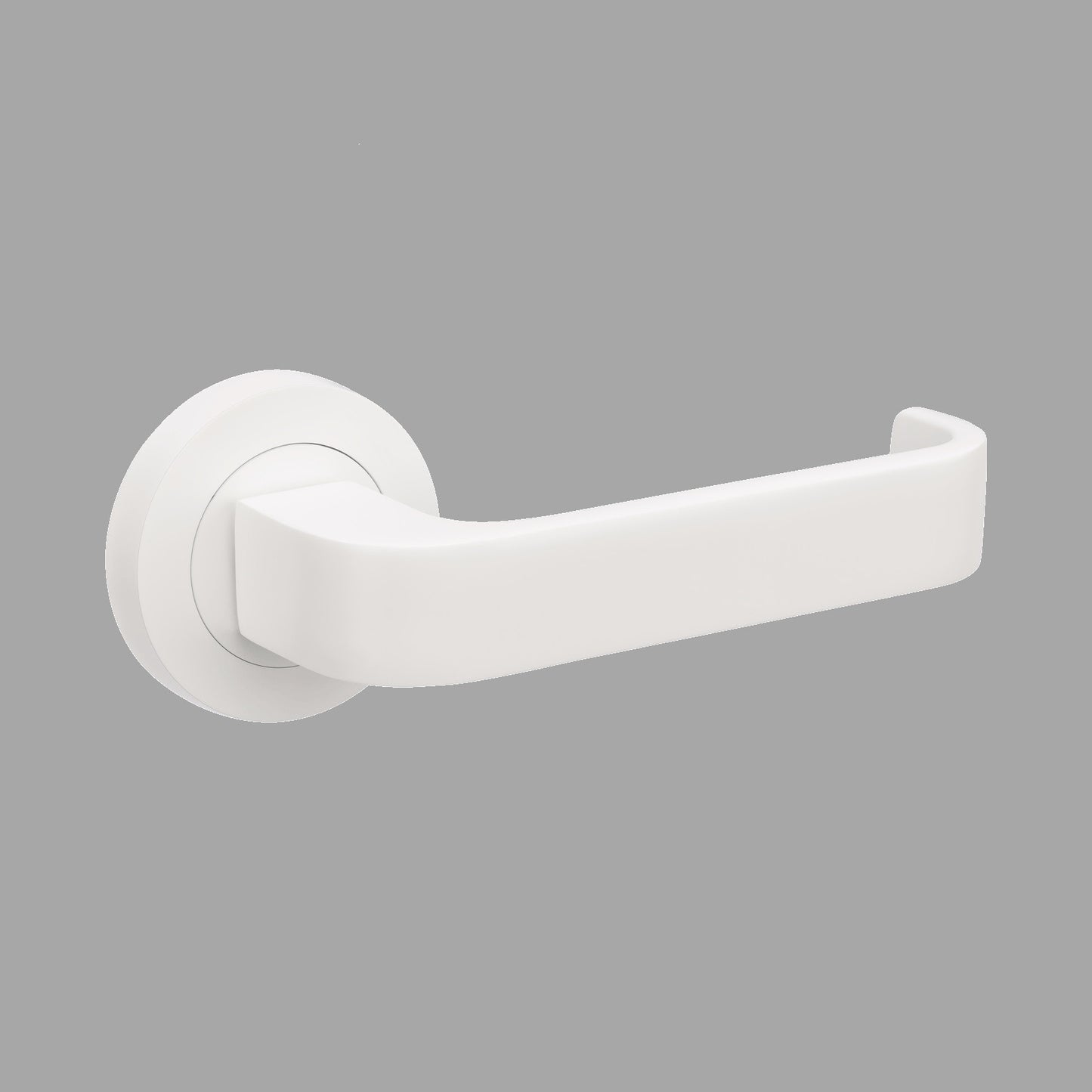 Up close product picture of the Streamline White Door Handle on a grey background.