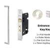 Product image of the Wyatt Stainless Steel Pull Handle Entrance Set Option 3 on a white background. The image has a pair of pull handles, a mortice lock, euro escutcheon and euro cylinder key/key.