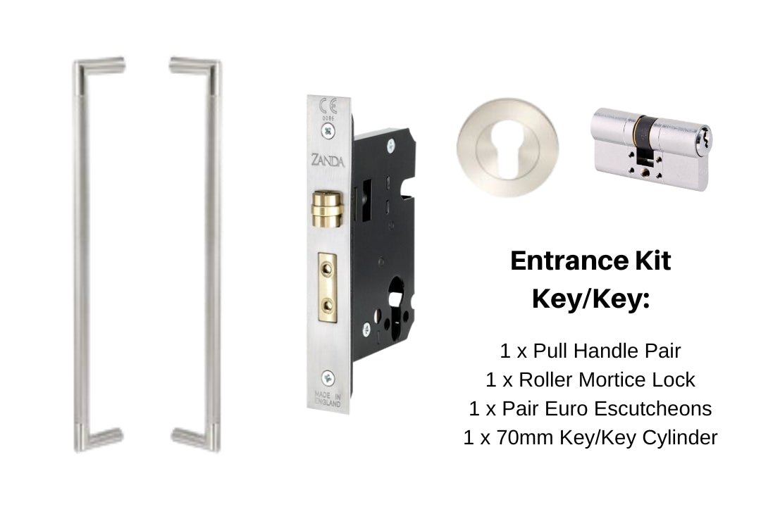 Product image of the Wyatt Stainless Steel Pull Handle Entrance Set Option 3 on a white background. The image has a pair of pull handles, a mortice lock, euro escutcheon and euro cylinder key/key.