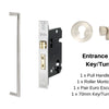 Product image of the Wyatt Stainless Steel Pull Handle Entrance Set Option 4 on a white background. The image has a pair of pull handles, a mortice lock, euro escutcheon and euro cylinder key/turn.