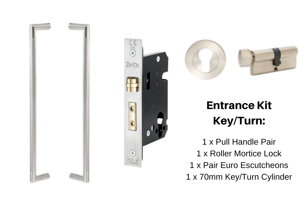 Product image of the Wyatt Stainless Steel Pull Handle Entrance Set Option 4 on a white background. The image has a pair of pull handles, a mortice lock, euro escutcheon and euro cylinder key/turn.