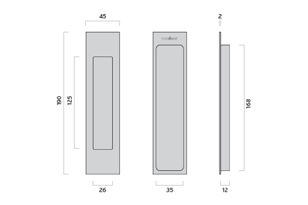 Specification drawing with measurements of the Mardeco Flush Pull Single 190mm on a white background.