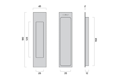 Specification drawing with measurements of the Mardeco Flush Pull Single 190mm on a white background.