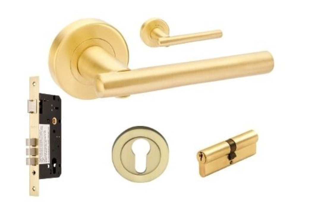 Product image of the Avante Satin Brass Door Handle Entry Door Set 1 on a white background.