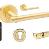 Product image of the Avante Satin Brass Door Handle Entry Door Set 2 on a white background.