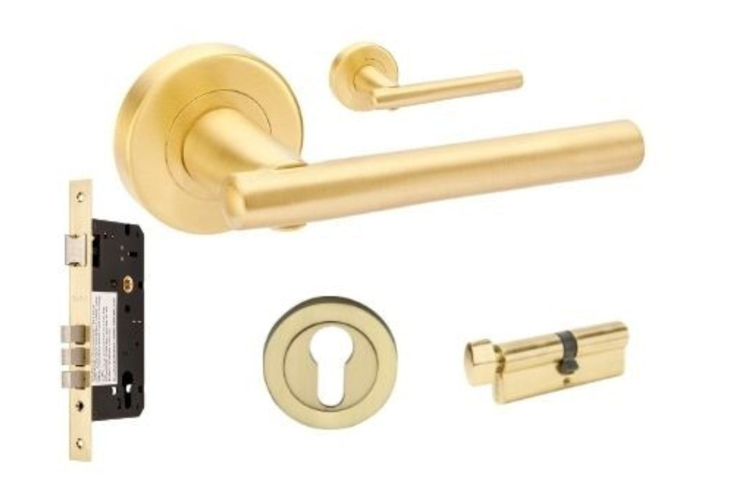 Product image of the Avante Satin Brass Door Handle Entry Door Set 2 on a white background.