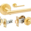 Product image of the Avante Satin Brass Door Handle Privacy Set on a white background.