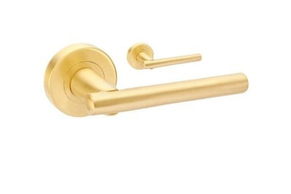 Product image of the Avante Satin Brass Door Handle Leverset Only on a white background.