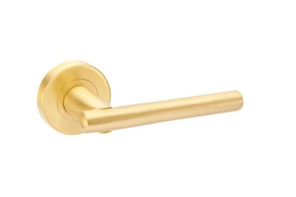 Product image of the Avante Satin Brass Door Handle on a white background.