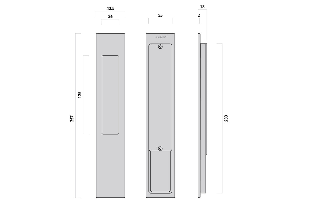 Specification image with measurements of the 8102 Mardeco Flush Pull Single Longplate on a white background.