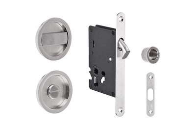 Product picture of the Zanda Visca Cavity Sliding Door Privacy Kit in Brushed Nickel on a white background.