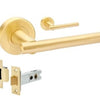 Product image of the Avante Satin Brass Door Handle Passage Set on a white background.