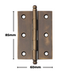 Product image along with measurements of the Architectural Choice Hinge Loose Pin Ball Antique Brass H85xW60mm 8560AB.