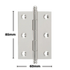 Product image with measurements of the Architectural Choice Hinge Loose Pin Ball Satin Nickel H85xW60mm 8560SN.