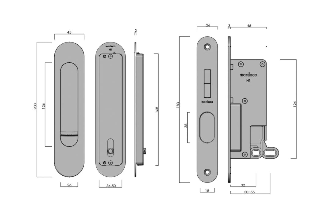 Specification drawing with measurements of the Mardeco Radius Edge M Series Flush Pull Privacy Set.