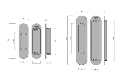 Specification drawing with measurements of the Mardeco Radius Edge M Series Flush Pull Passage Set.