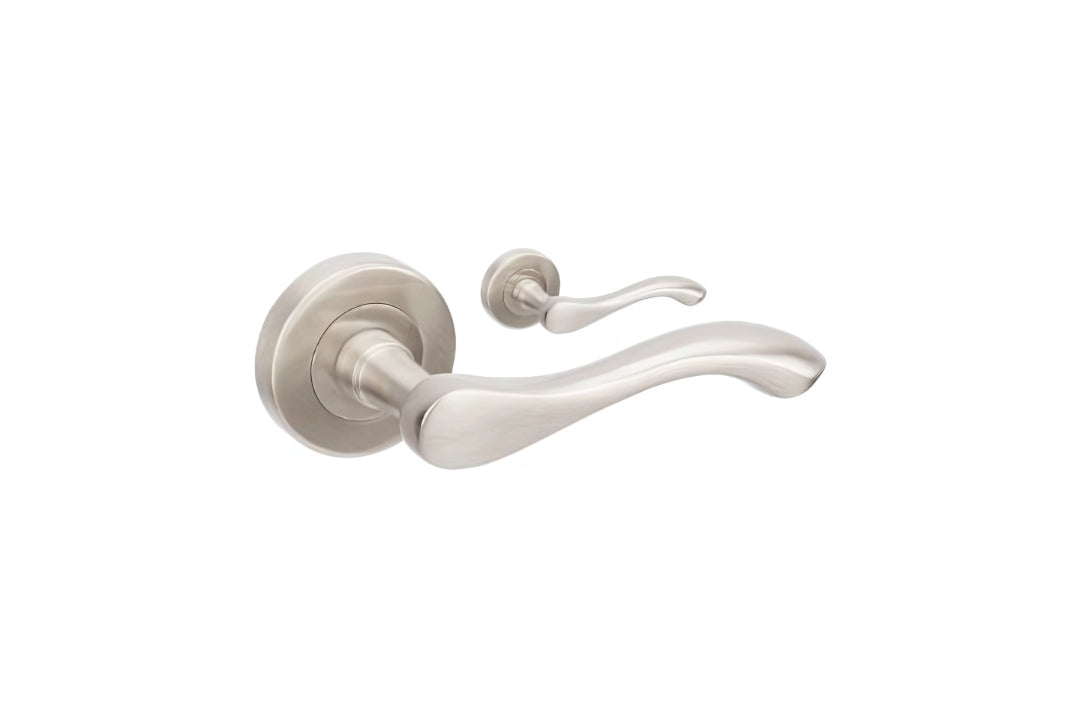 Product image of the Cambridge Door Handle Set Brushed Nickel Lever Set Only on a white background.