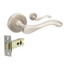 Product image of the Cambridge Door Handle Set Brushed Nickel Passage Set on a white background.