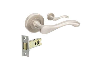 Product image of the Cambridge Door Handle Set Brushed Nickel Passage Set on a white background.