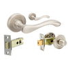 Product image of the Cambridge Door Handle Set Brushed Nickel Privacy Set on a white background.