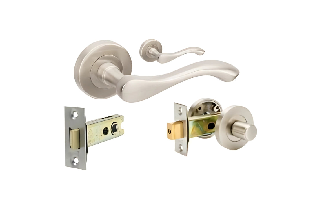 Product image of the Cambridge Door Handle Set Brushed Nickel Privacy Set on a white background.